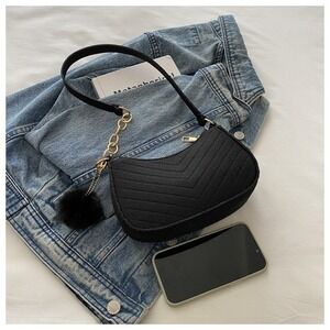 Women Chevron Quilted Baguette Shoulder Bag Pom Pom Charm Black Small Purse